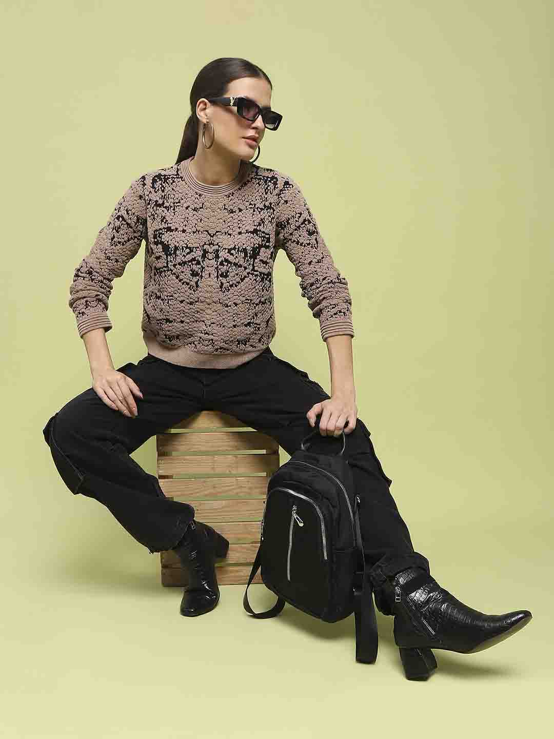 Madame Printed Crew Neck Full Sleeve Brown Sweater
