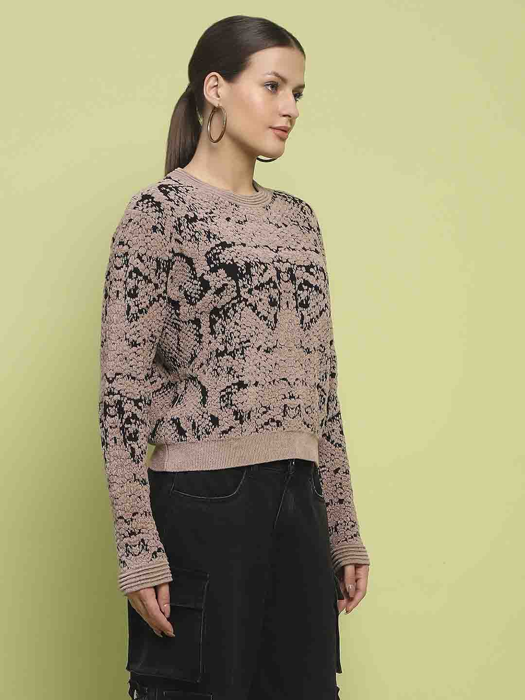 Madame Printed Crew Neck Full Sleeve Brown Sweater - Image 4