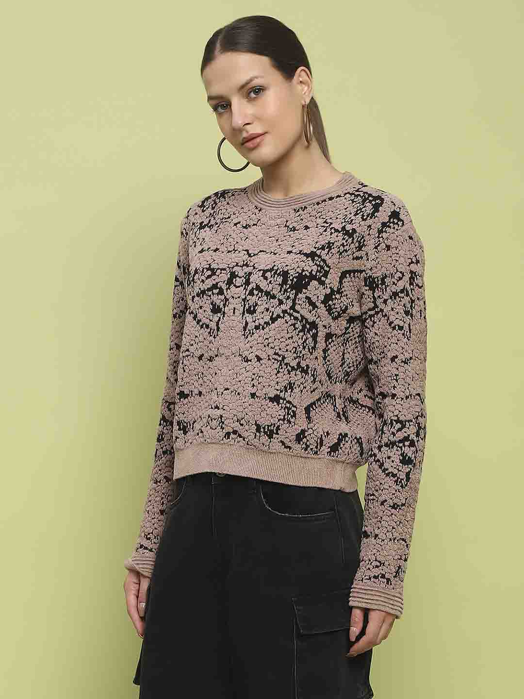 Madame Printed Crew Neck Full Sleeve Brown Sweater - Image 5