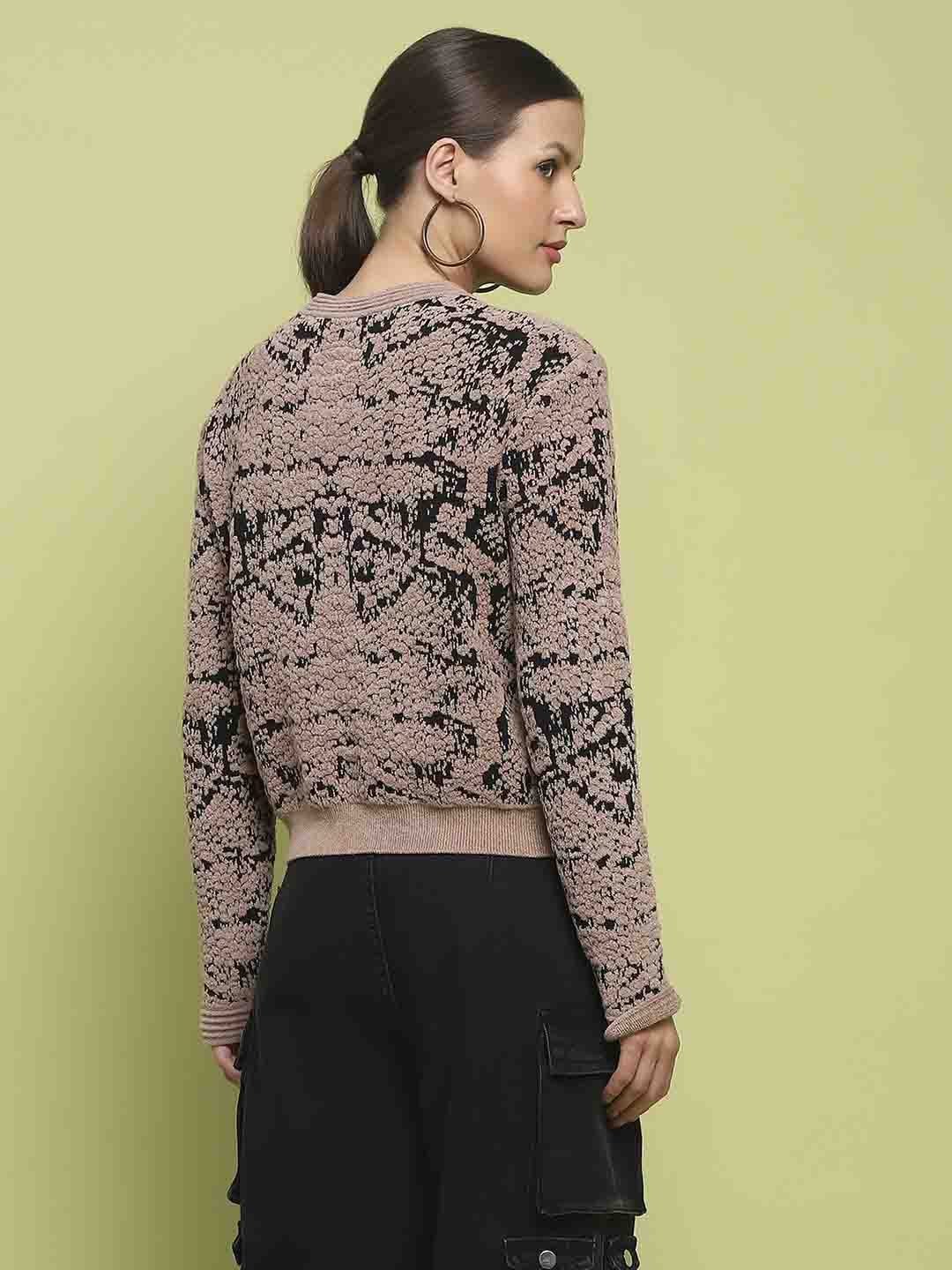 Madame Printed Crew Neck Full Sleeve Brown Sweater - Image 6