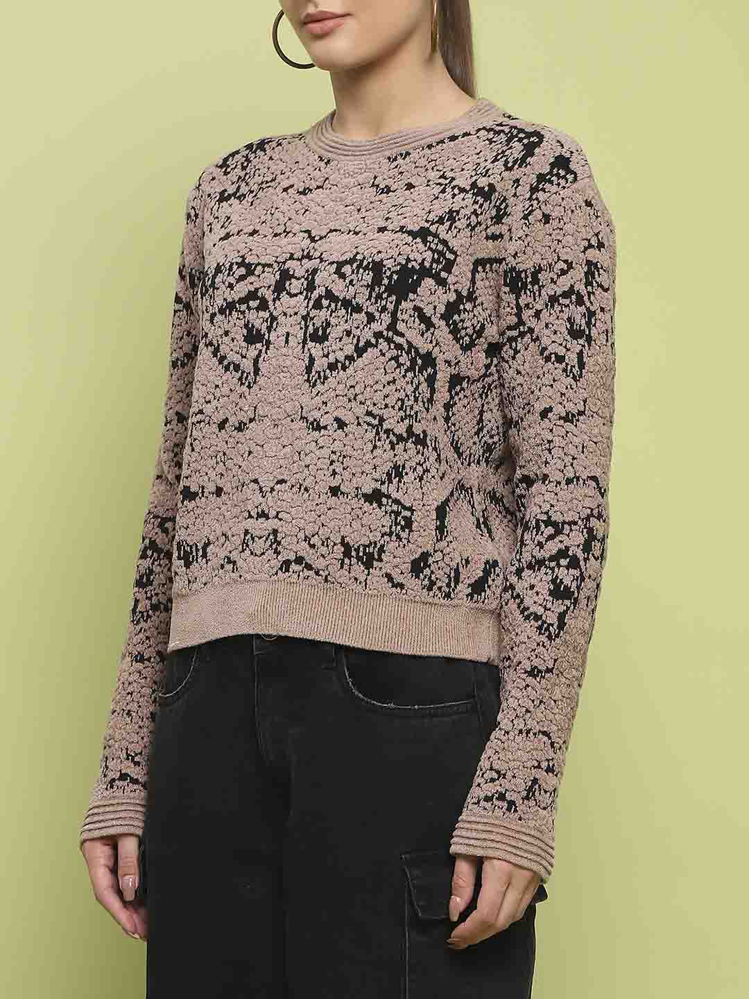 Madame Printed Crew Neck Full Sleeve Brown Sweater - Image 7