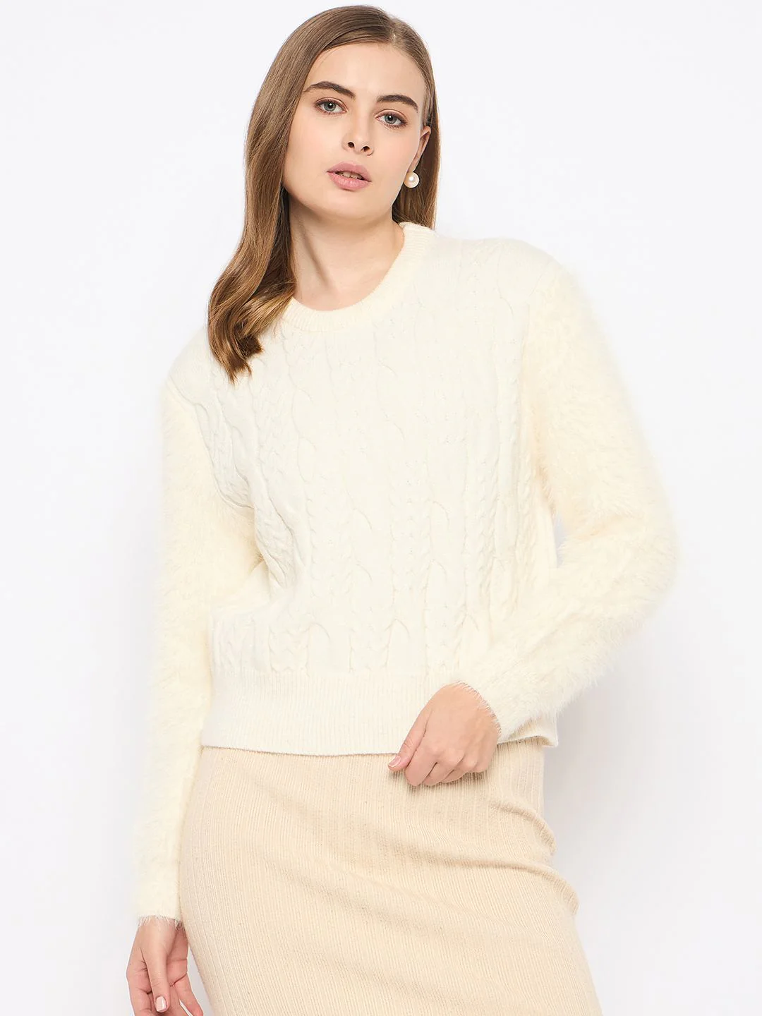 Madame Cable Knit Full Sleeve Off White Sweater - Image 3