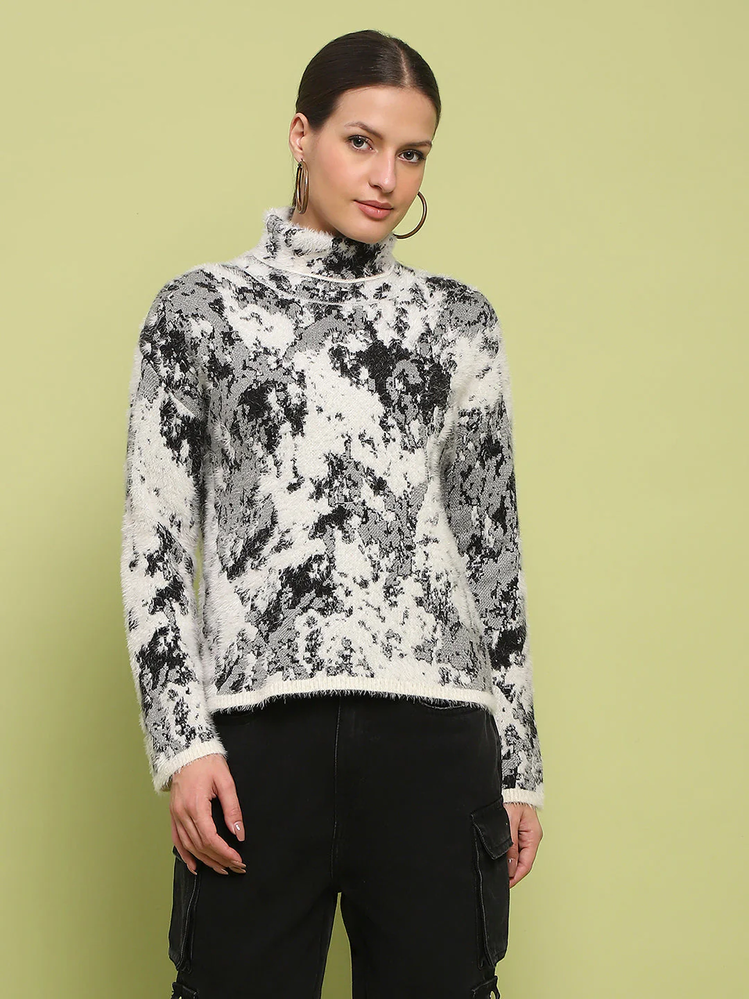 Madame Abstract Print Mock Neck Off White Sweater - Image 3