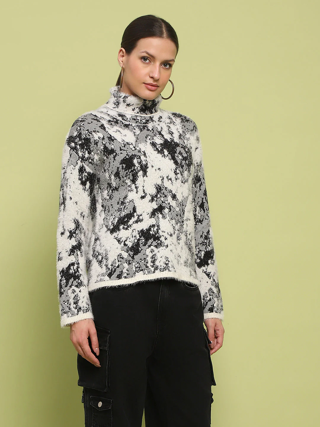 Madame Abstract Print Mock Neck Off White Sweater - Image 4