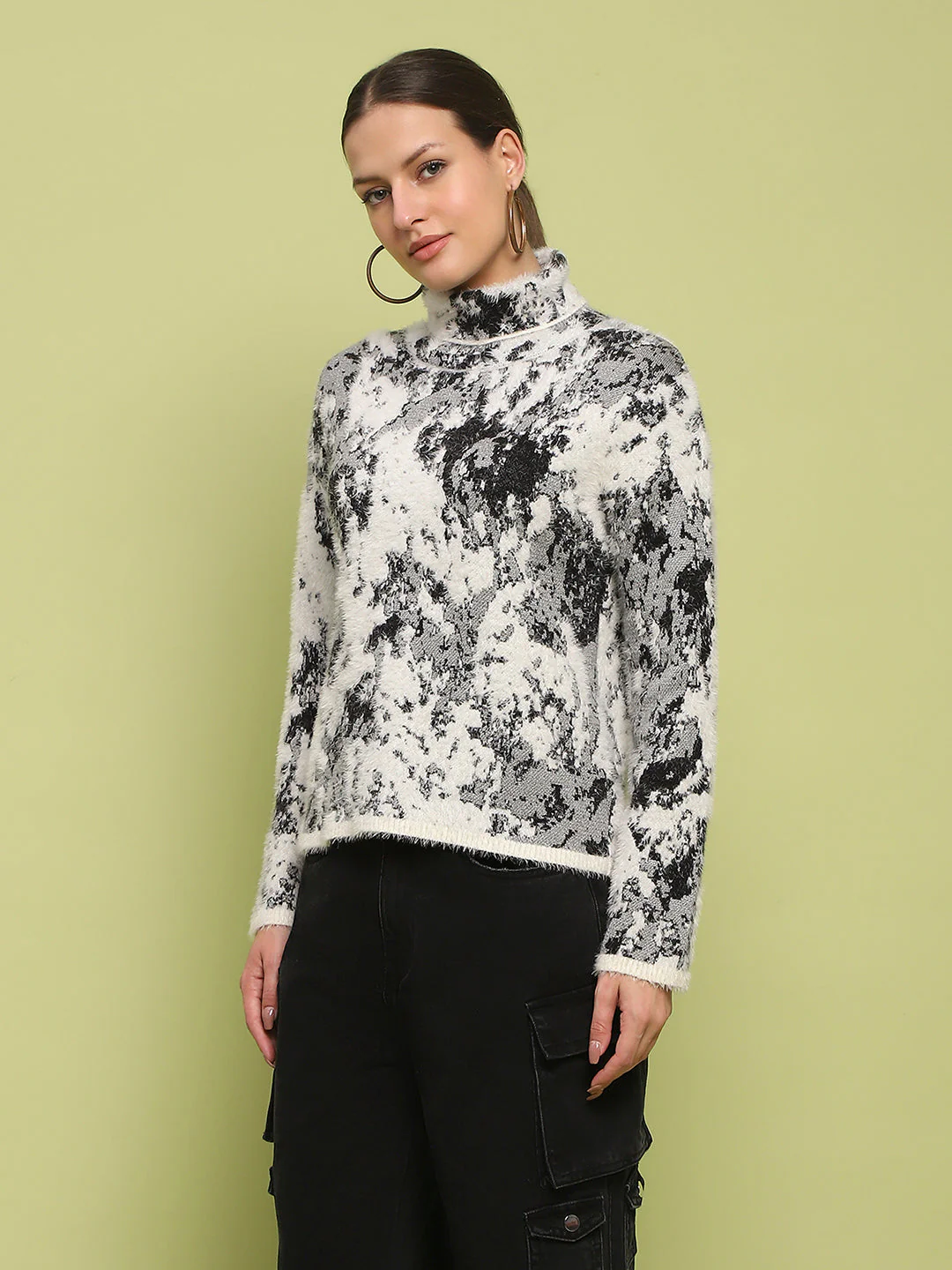 Madame Abstract Print Mock Neck Off White Sweater - Image 5