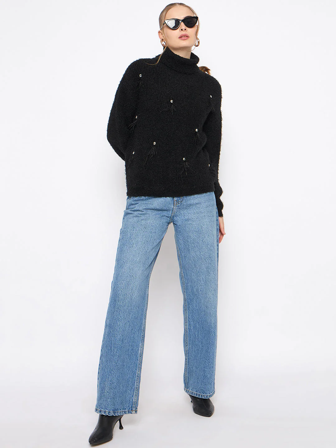 Madame Embellished Turtleneck Black Sweater - Image 2
