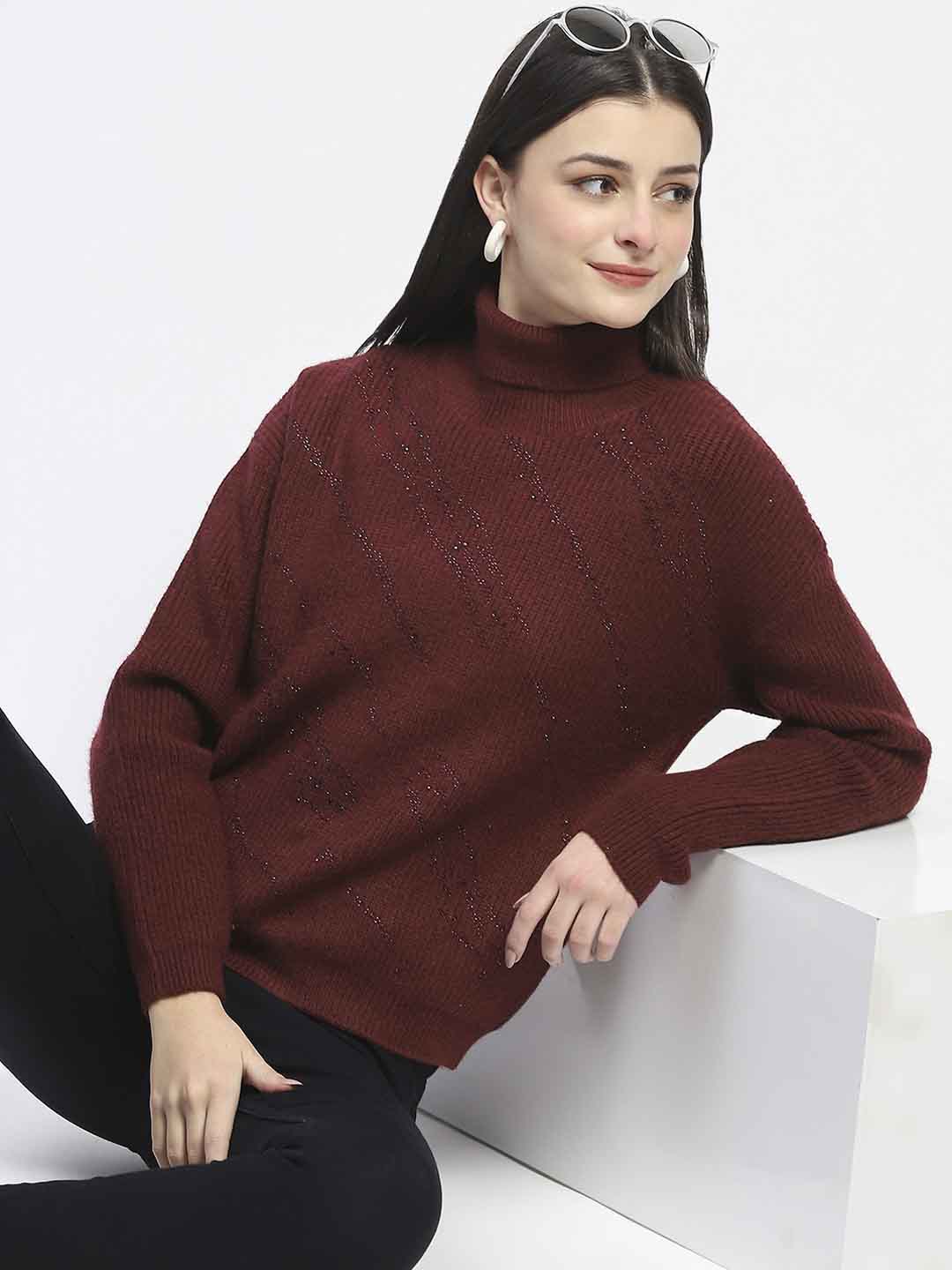 Madame Self Design Wine Red Turtleneck Sweater - Image 2