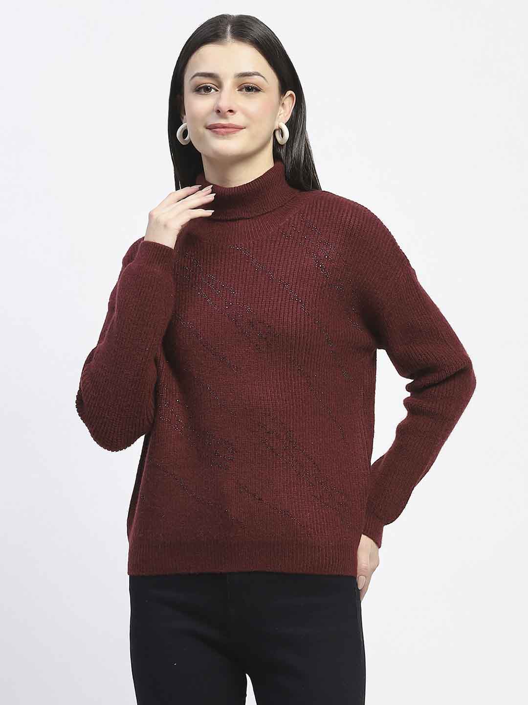 Madame Self Design Wine Red Turtleneck Sweater - Image 3