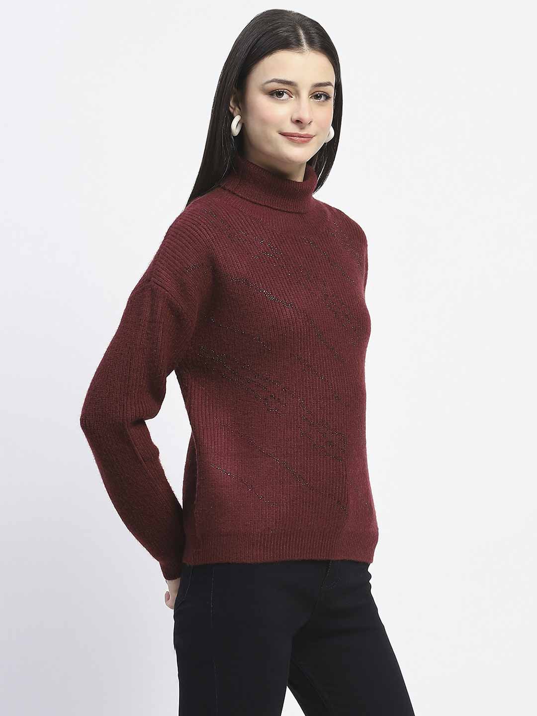 Madame Self Design Wine Red Turtleneck Sweater - Image 4
