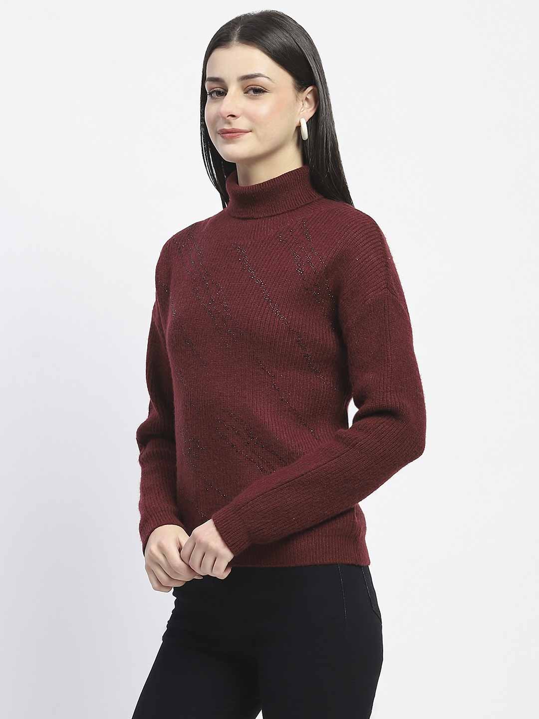Madame Self Design Wine Red Turtleneck Sweater - Image 5