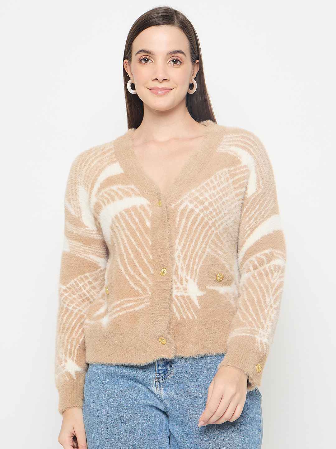 Madame Abstract Print Button Up Camel Brown Sweater