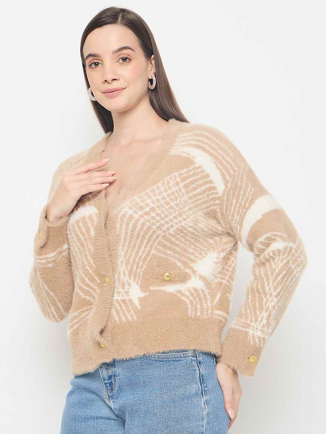 Madame Abstract Print Button Up Camel Brown Sweater - Image 5