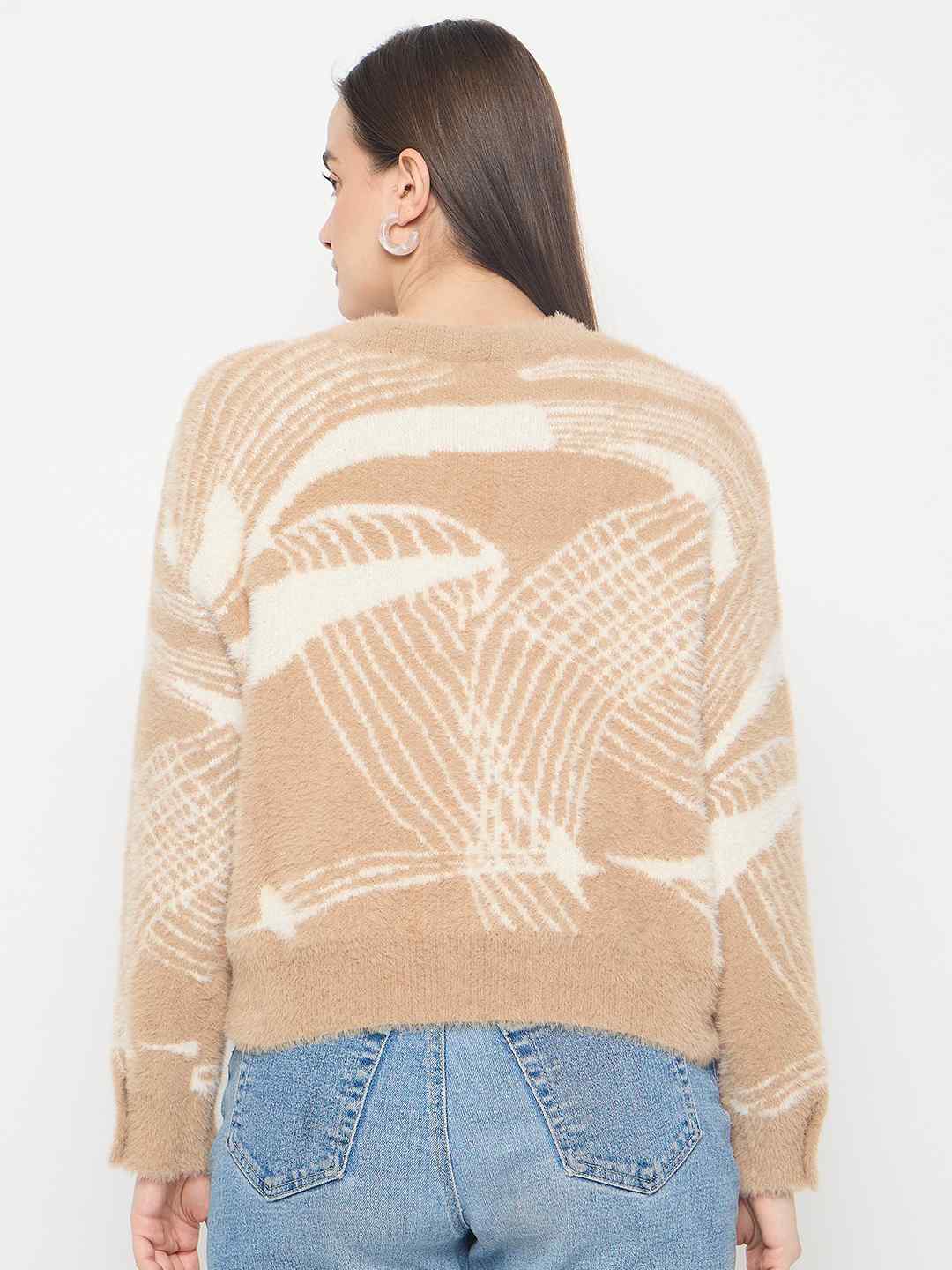 Madame Abstract Print Button Up Camel Brown Sweater - Image 6