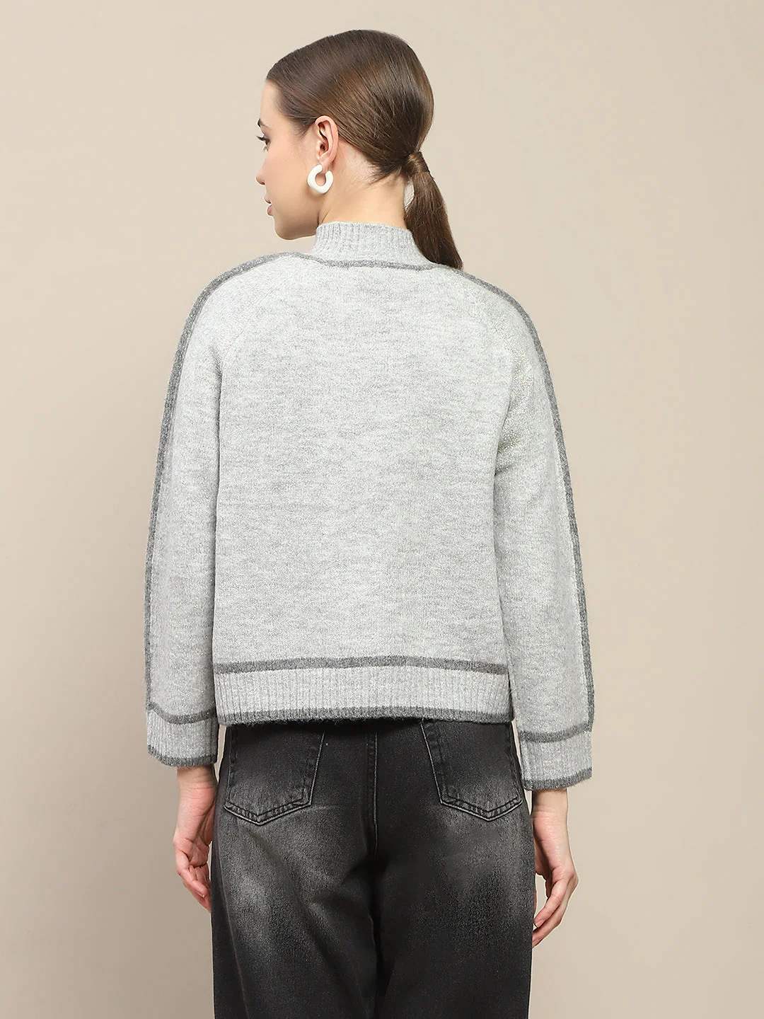 Madame Contrast Trimming Grey Sweater - Image 6