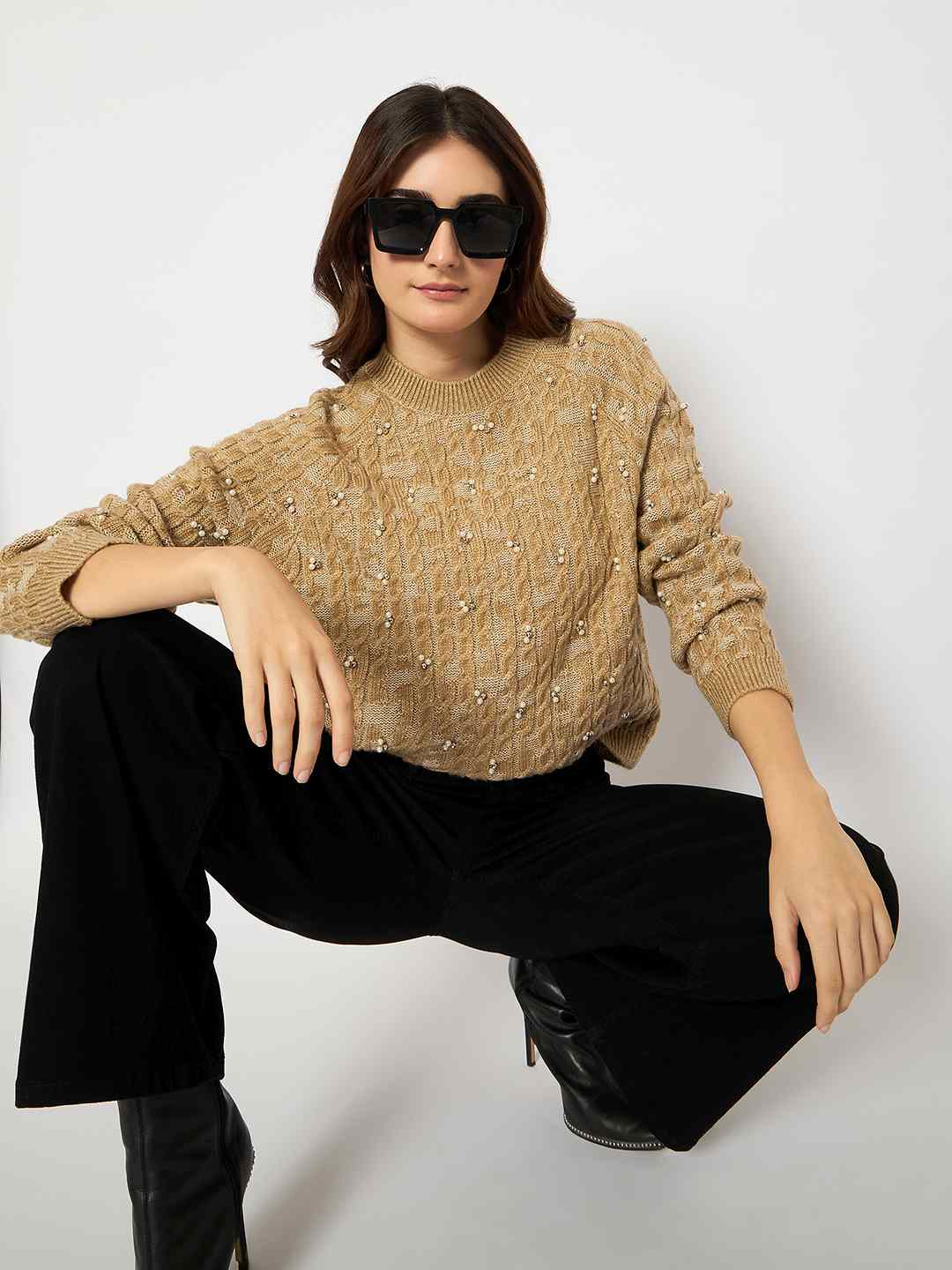 Madame Cable Knit Pearl Embellished Brown Sweater