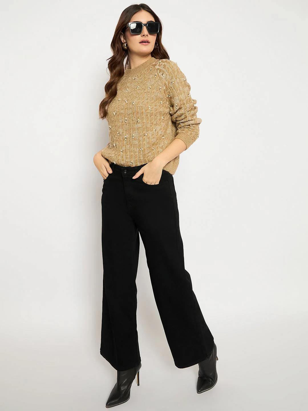 Madame Cable Knit Pearl Embellished Brown Sweater - Image 2