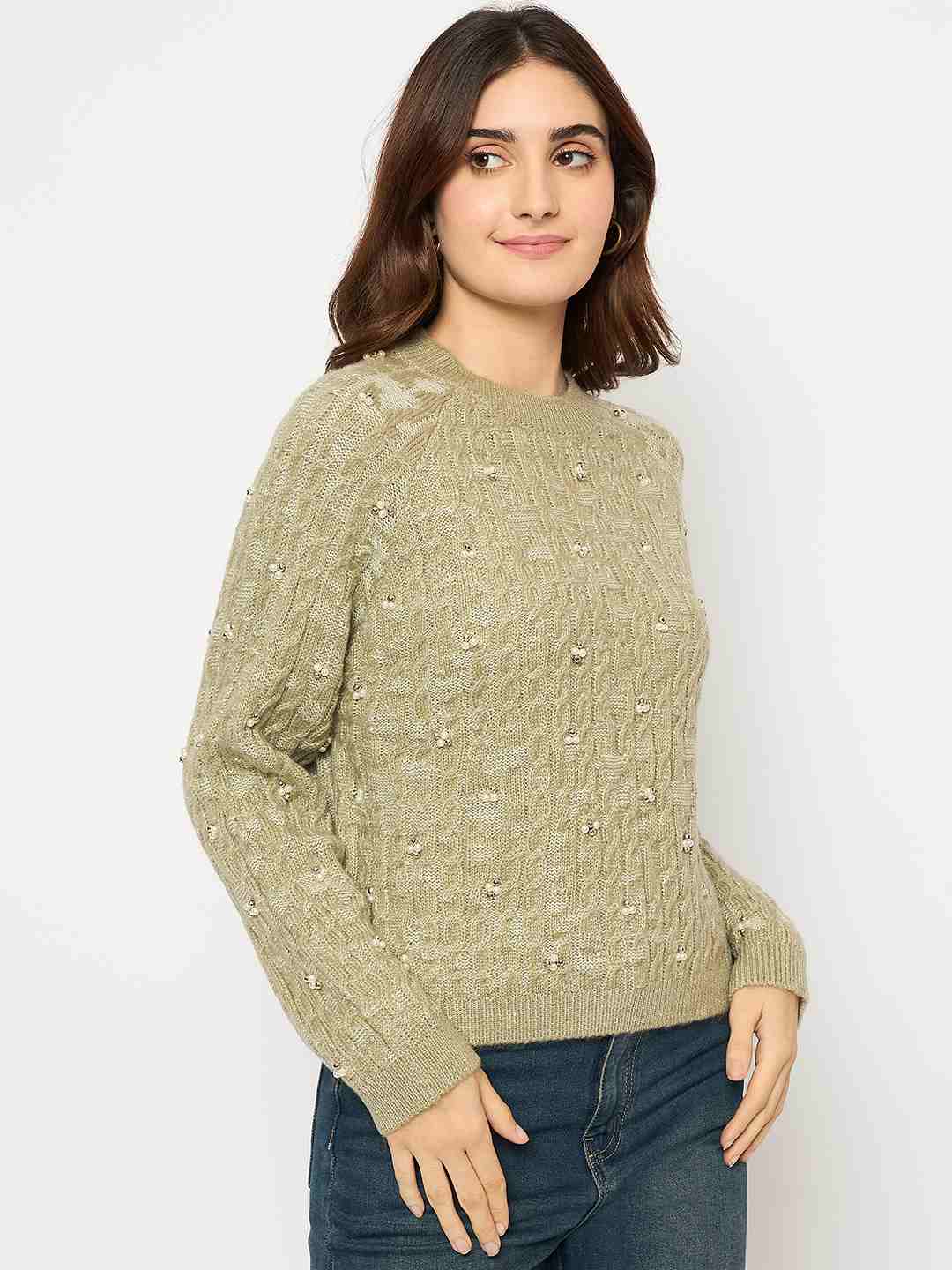 Madame Cable Knit Pearl Embellished Green Sweater - Image 4