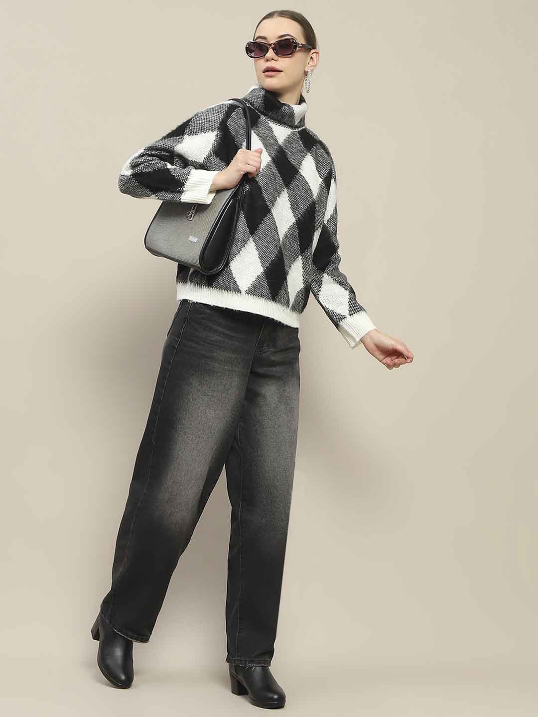 Madame Geometric Print Turtleneck Black Sweater - Image 2