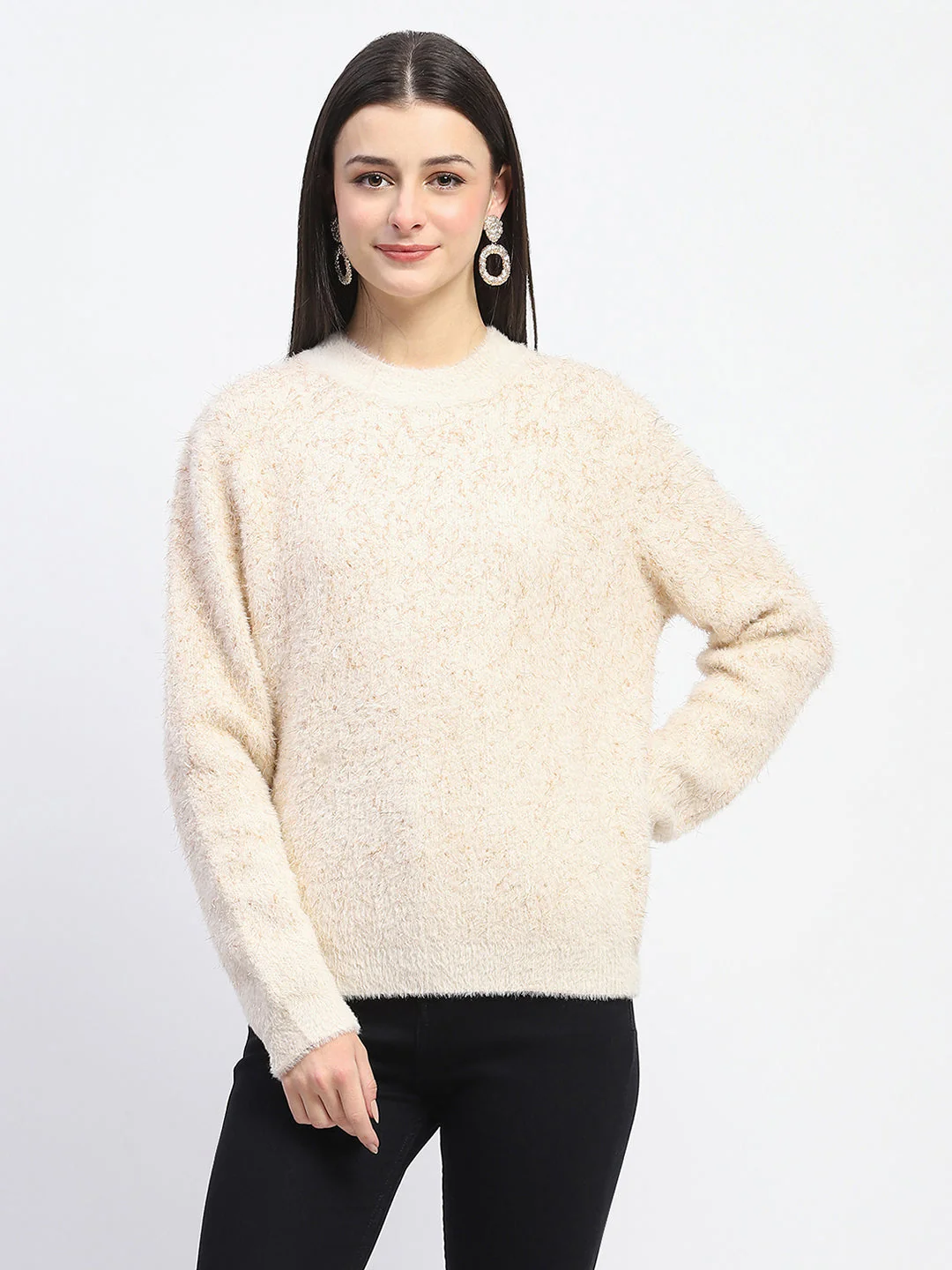 Madame Nylon Blend Full Sleeve Solid Beige Sweater - Image 2