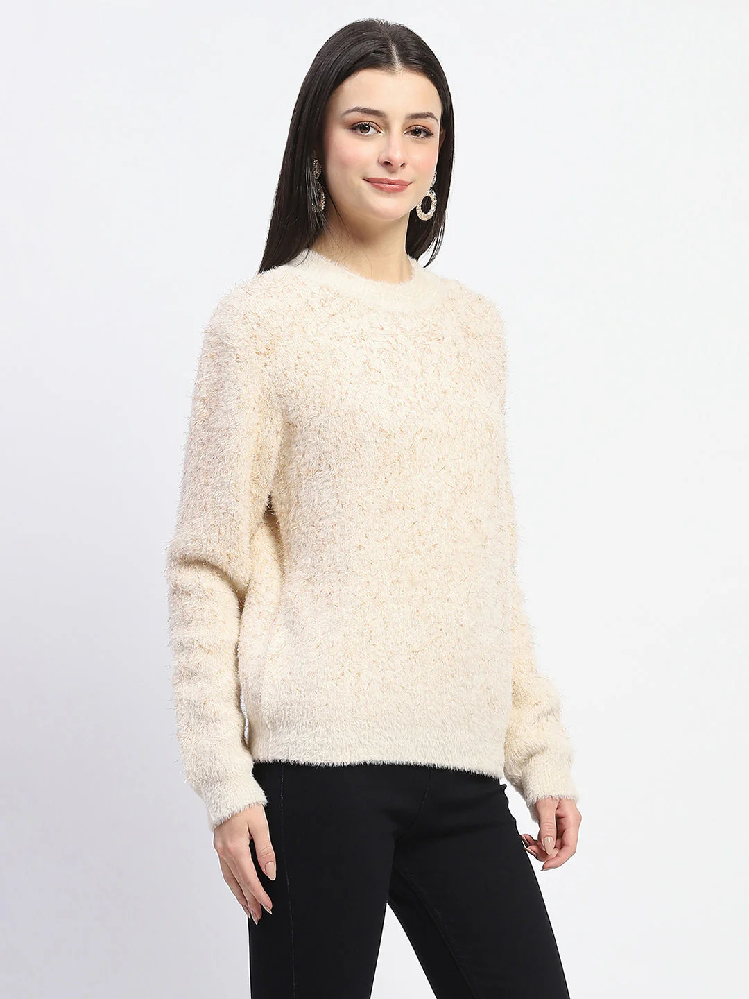 Madame Nylon Blend Full Sleeve Solid Beige Sweater - Image 3