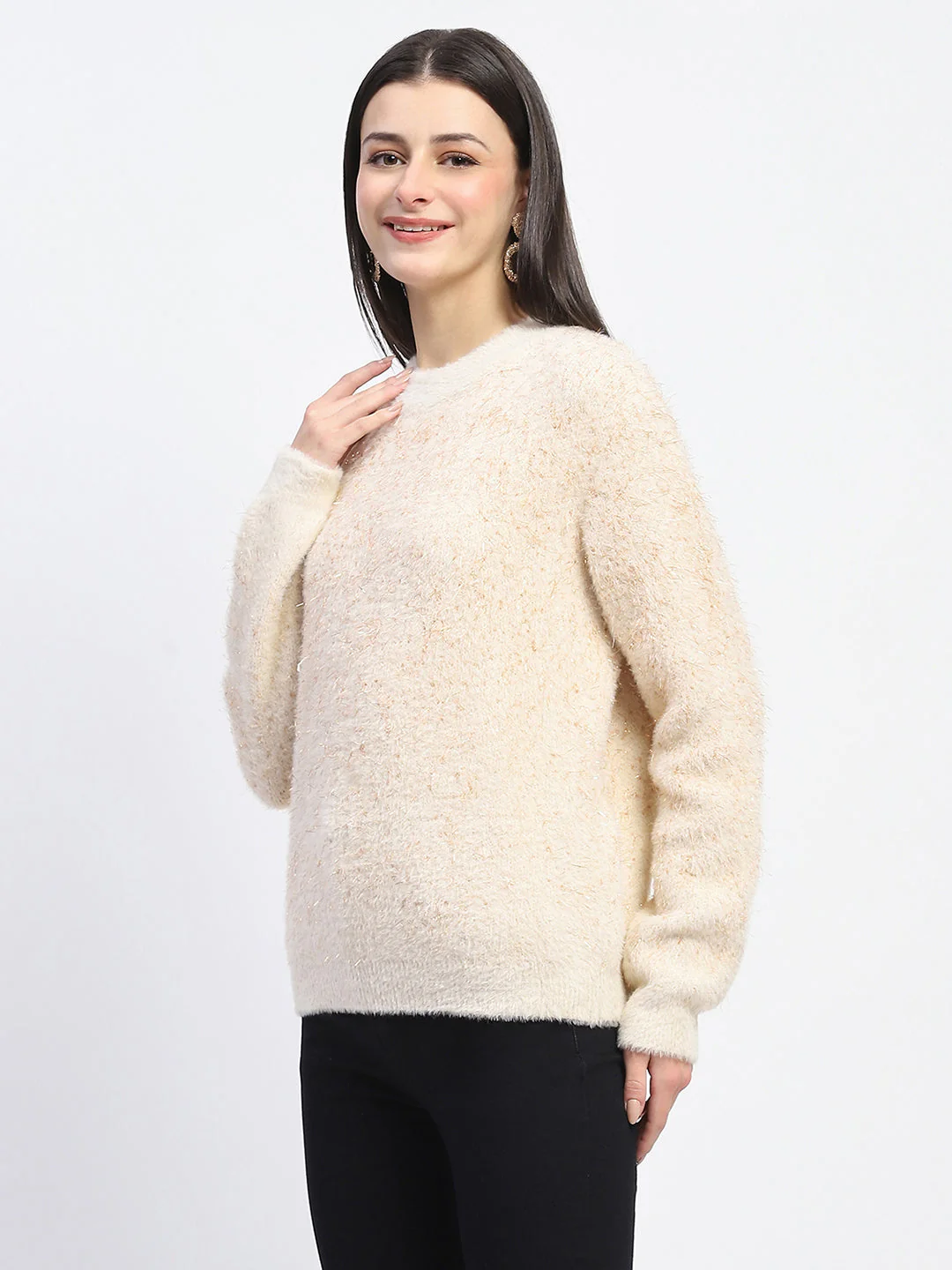 Madame Nylon Blend Full Sleeve Solid Beige Sweater - Image 4