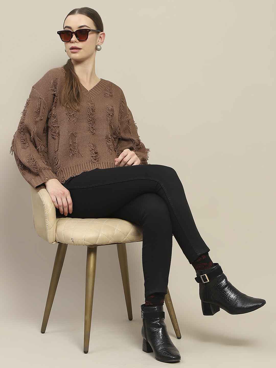 Madame Ripped Knitted V Neck Brown Sweater