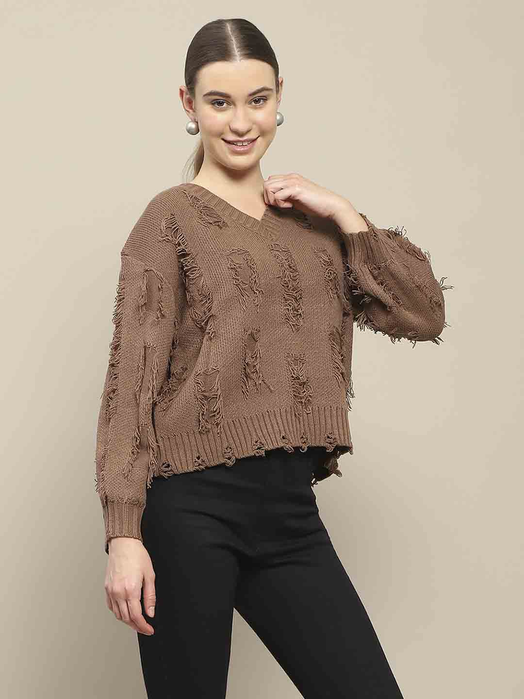 Madame Ripped Knitted V Neck Brown Sweater - Image 3