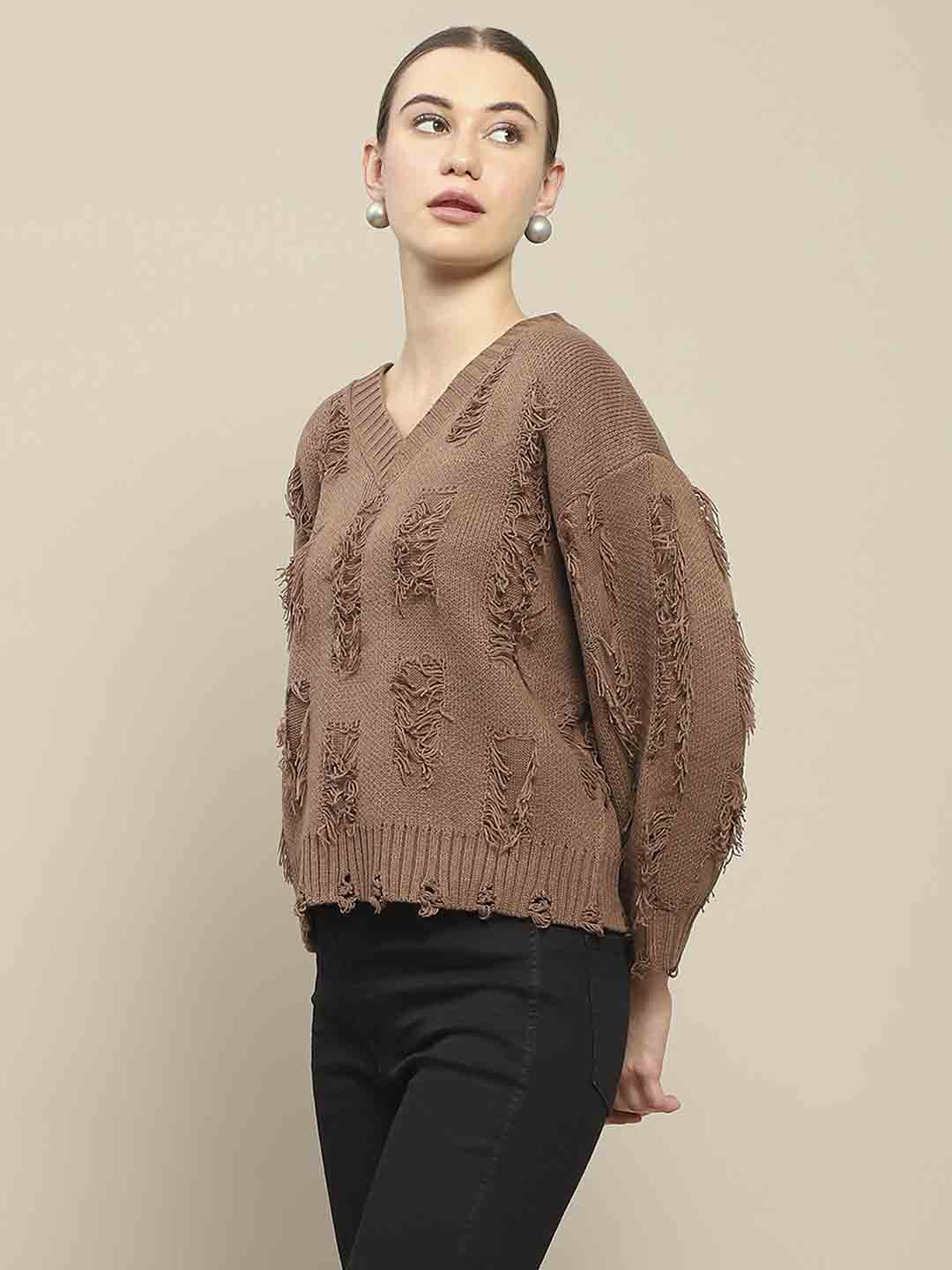 Madame Ripped Knitted V Neck Brown Sweater - Image 4