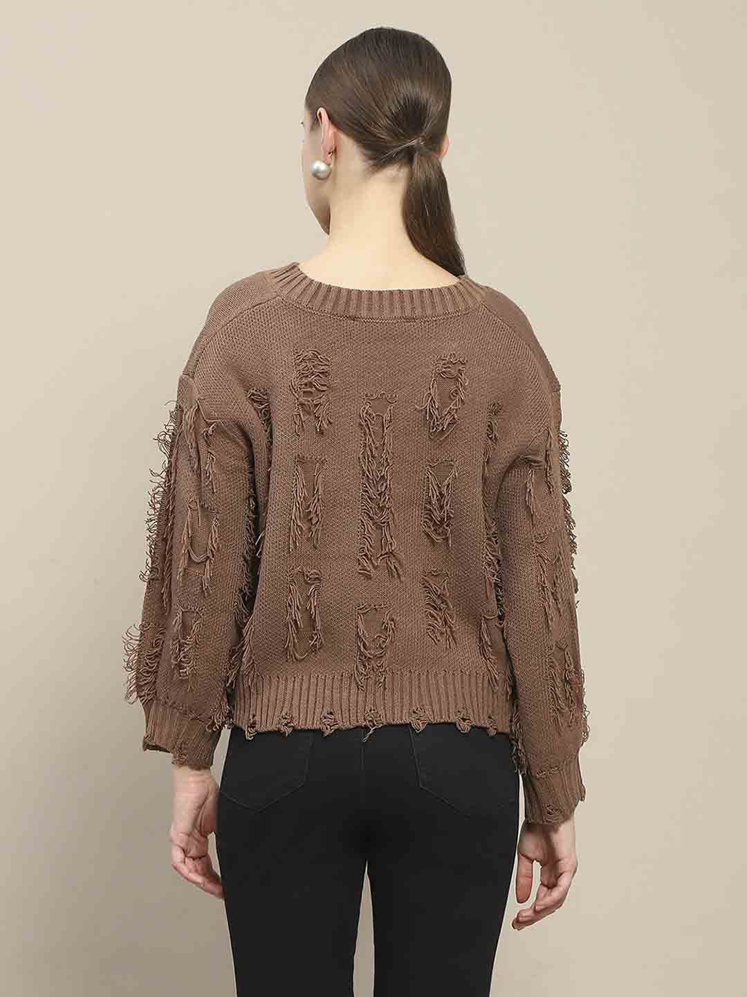 Madame Ripped Knitted V Neck Brown Sweater - Image 5