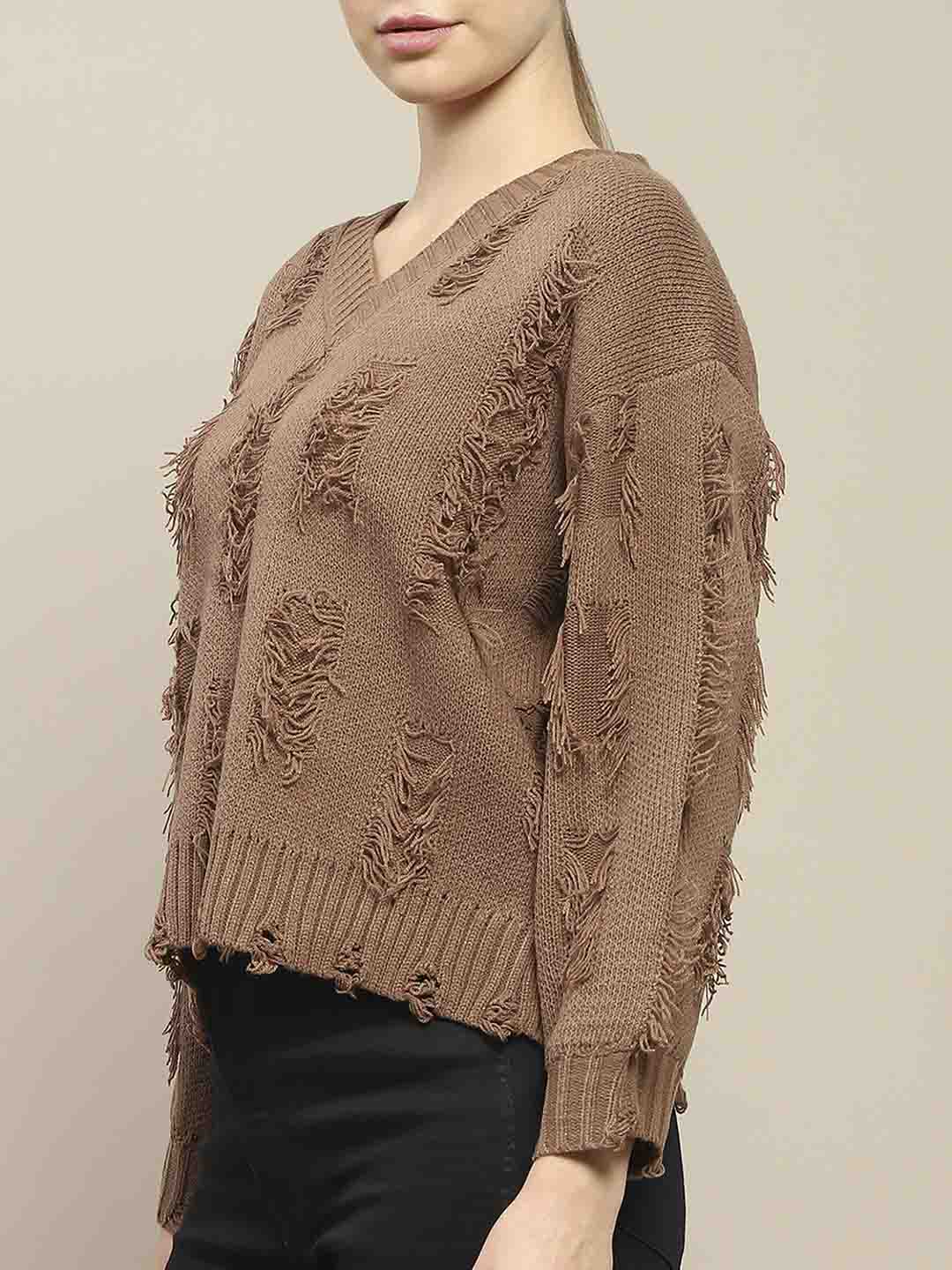 Madame Ripped Knitted V Neck Brown Sweater - Image 6