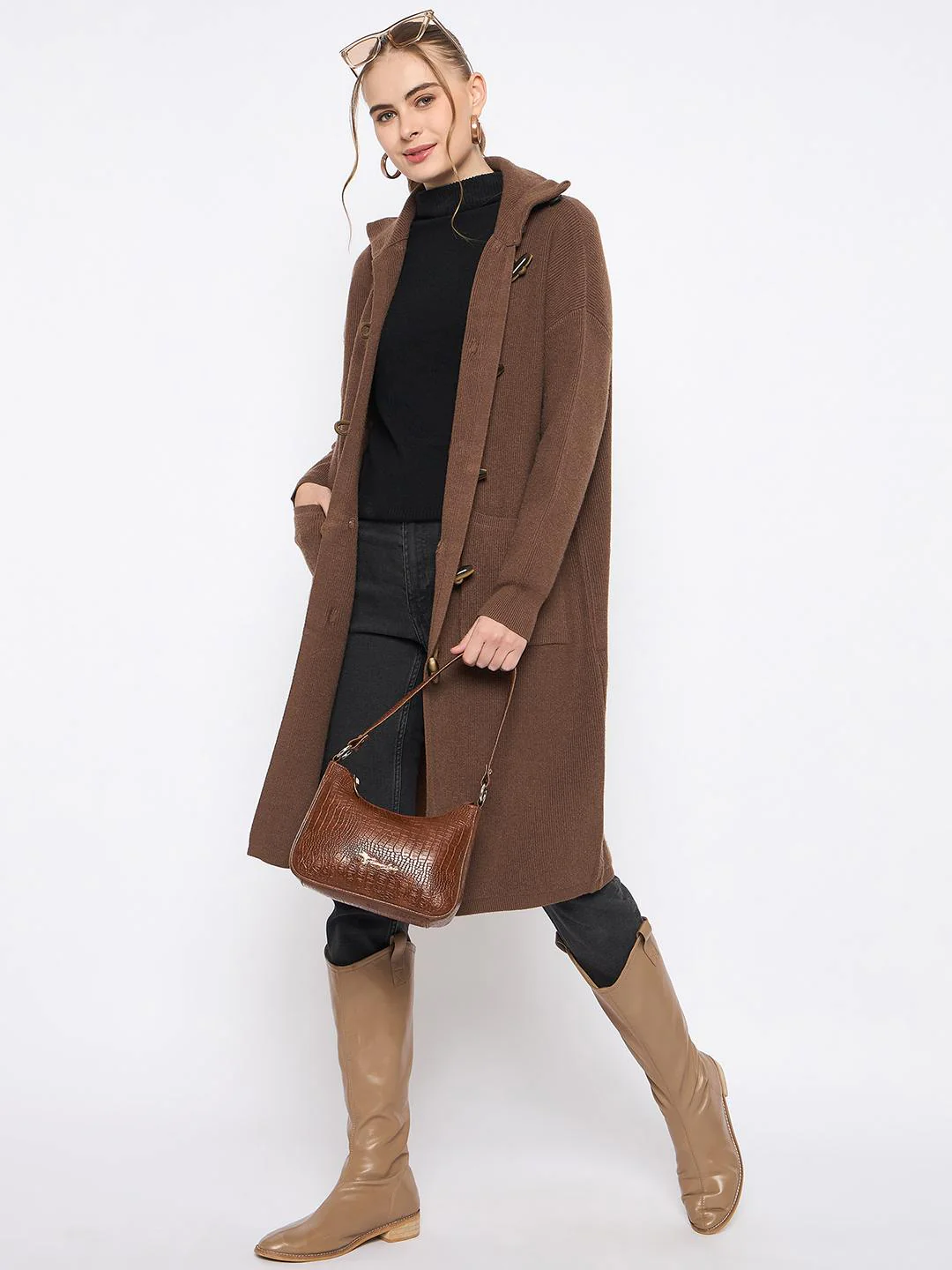 Madame Mock Neck Duffle Solid Brown Shrug - Image 2