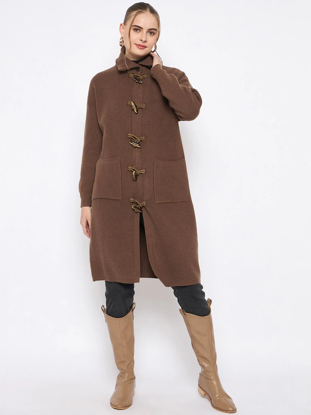 Madame Mock Neck Duffle Solid Brown Shrug - Image 3