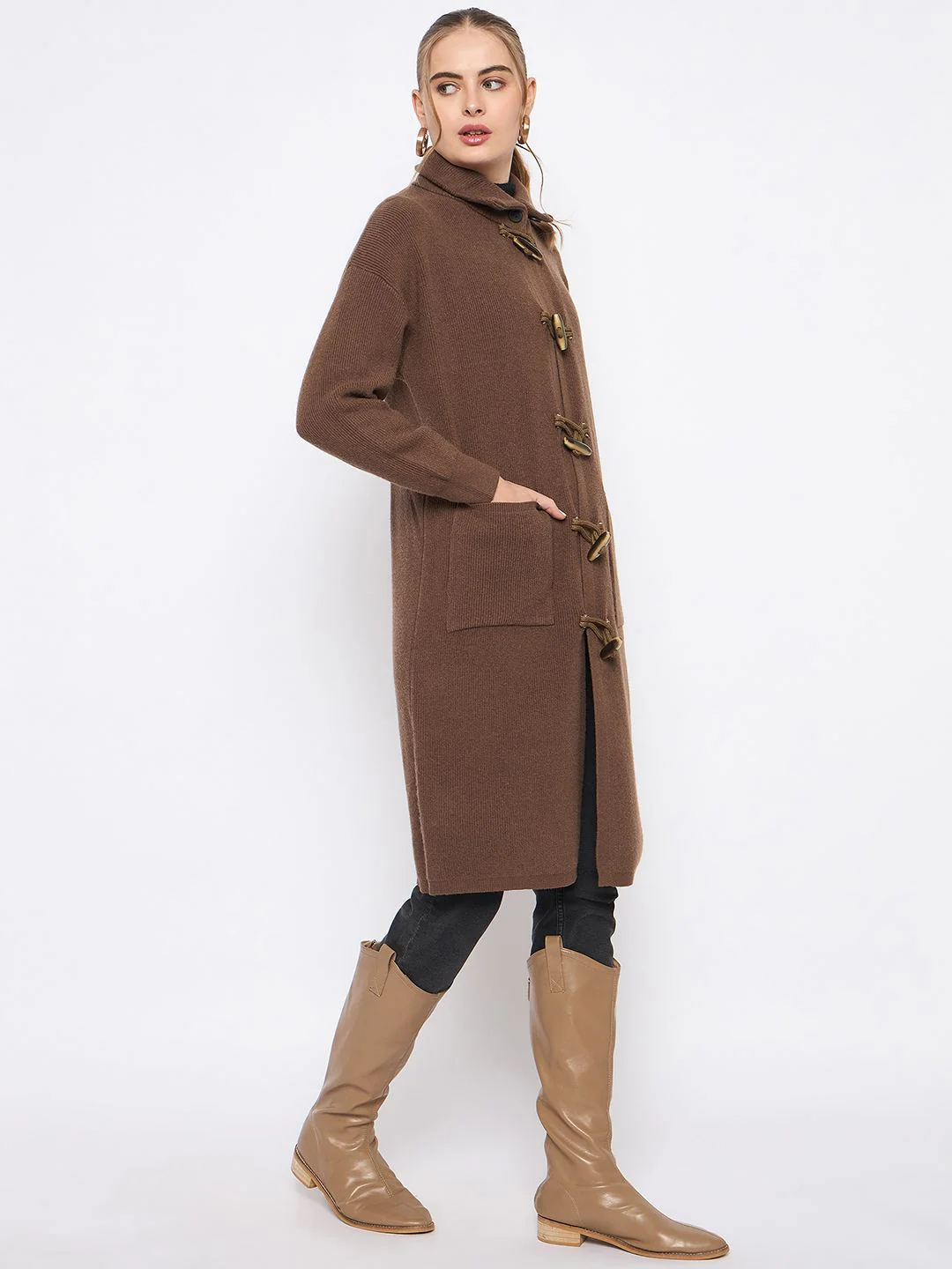 Madame Mock Neck Duffle Solid Brown Shrug - Image 4