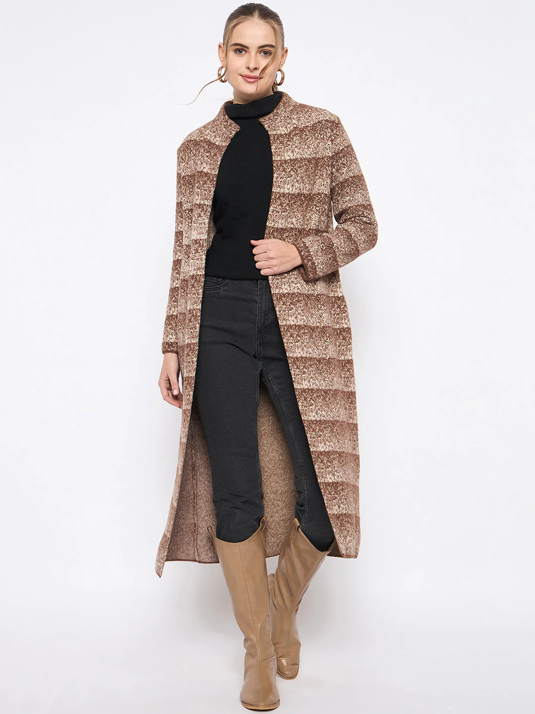 Madame Open Front Striped Multicolor Long Coat