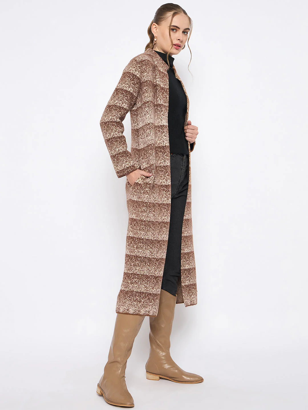 Madame Open Front Striped Multicolor Long Coat - Image 3