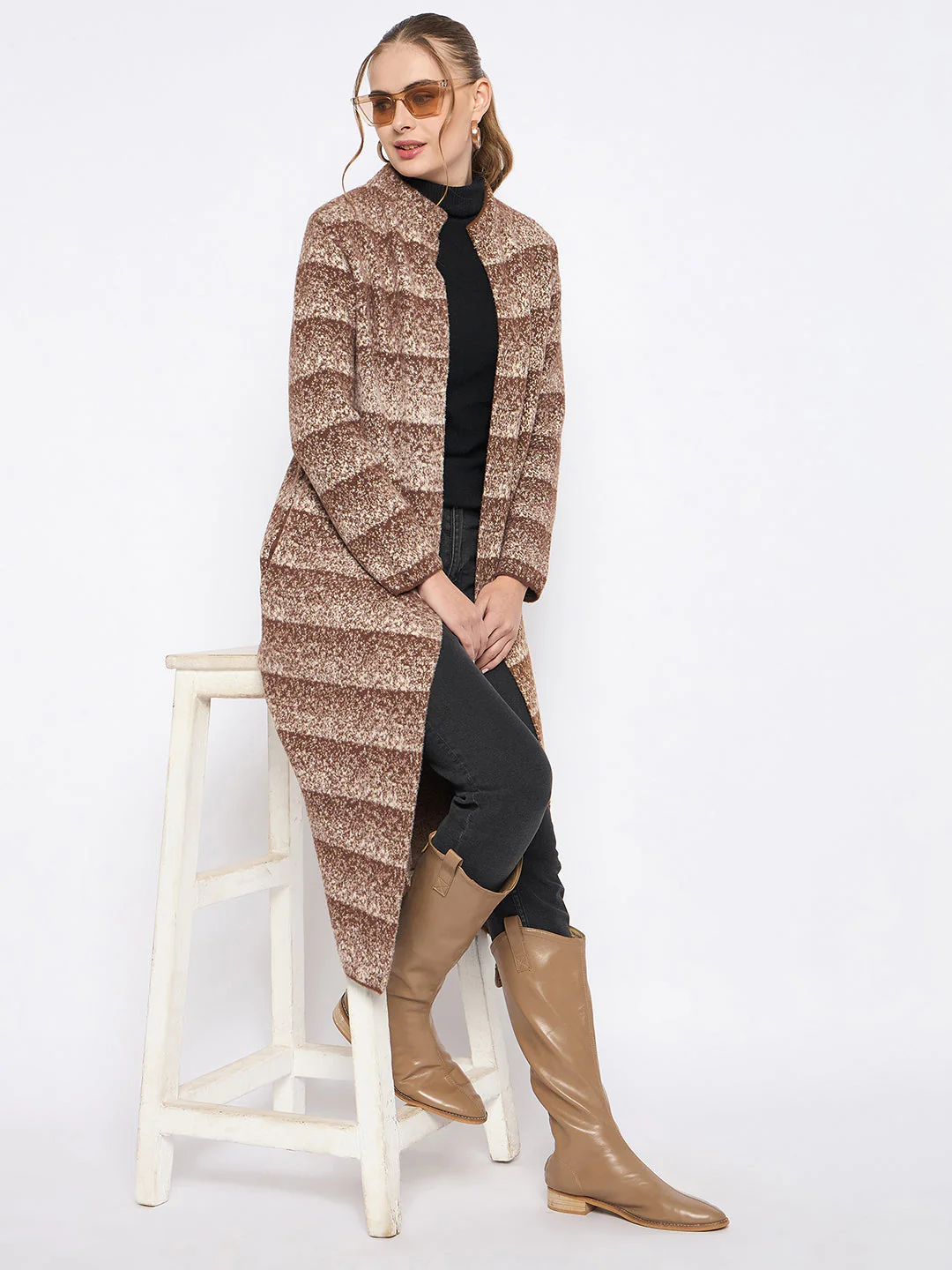 Madame Open Front Striped Multicolor Long Coat - Image 6