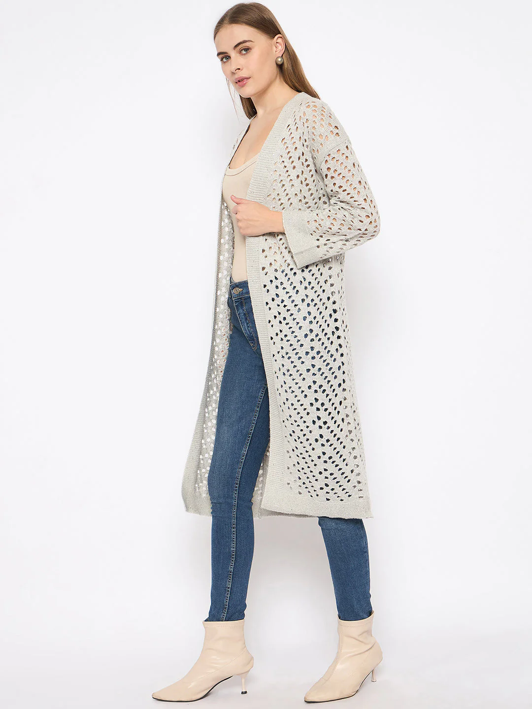 Madame Lace Detailed Semi Sheer Light Grey Shrug - Image 5