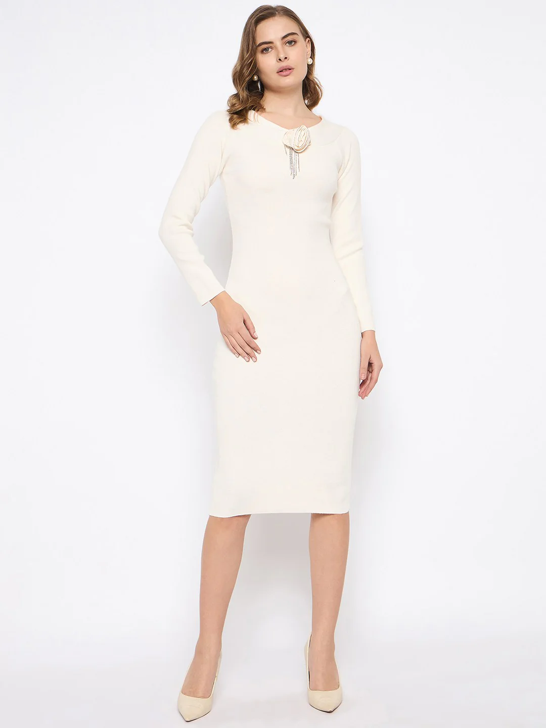 Madame Draped Neck Floral Accented Off White Knit Mini Dress - Image 3