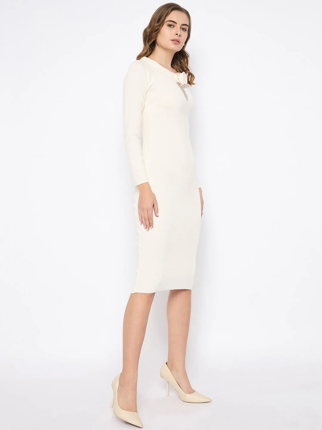 Madame Draped Neck Floral Accented Off White Knit Mini Dress - Image 4