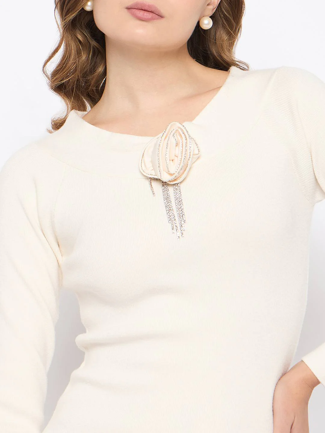 Madame Draped Neck Floral Accented Off White Knit Mini Dress - Image 7
