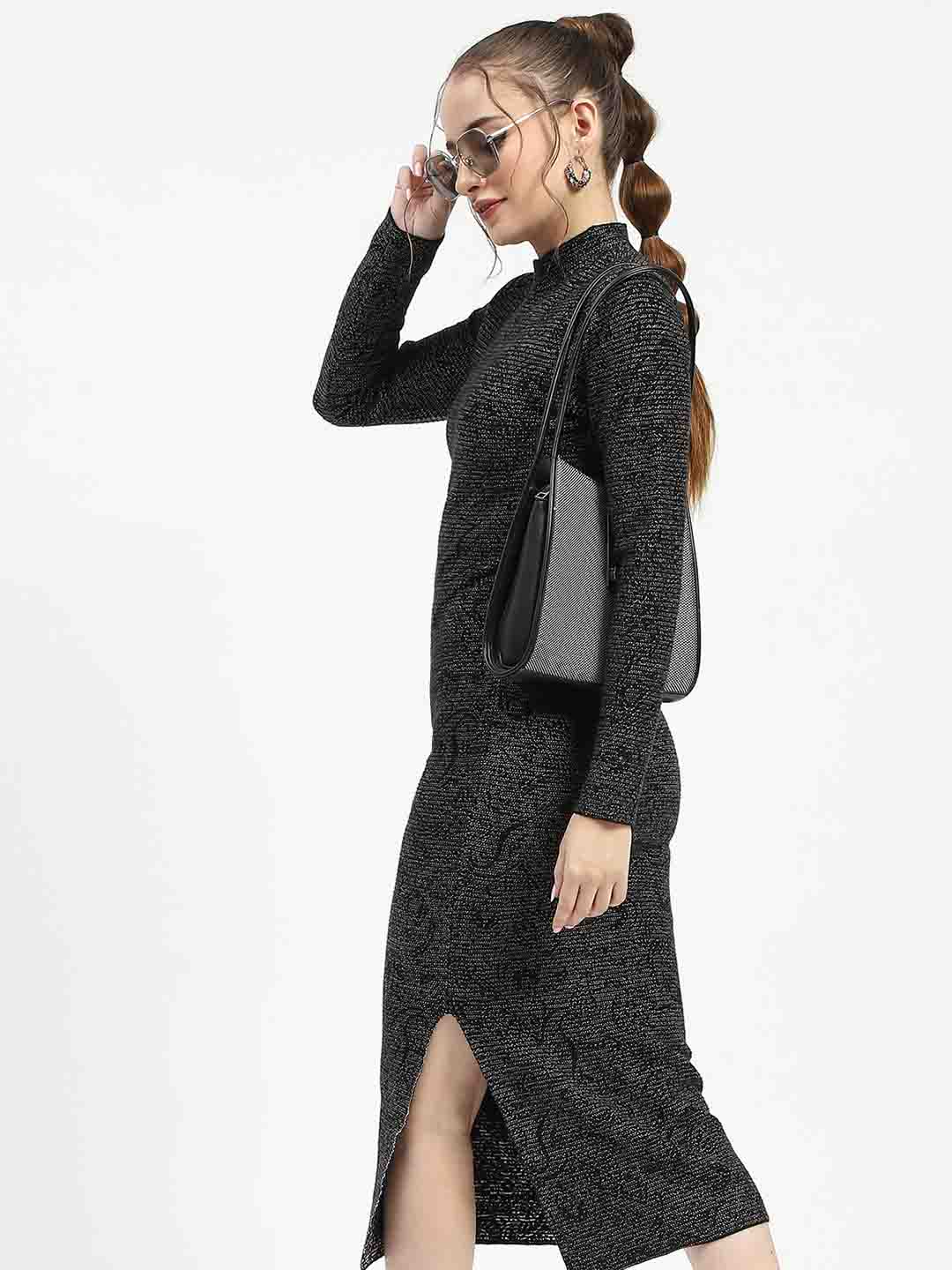 Madame Black Textured Bodycon Dress with Long Sleeves Sweater - Image 2