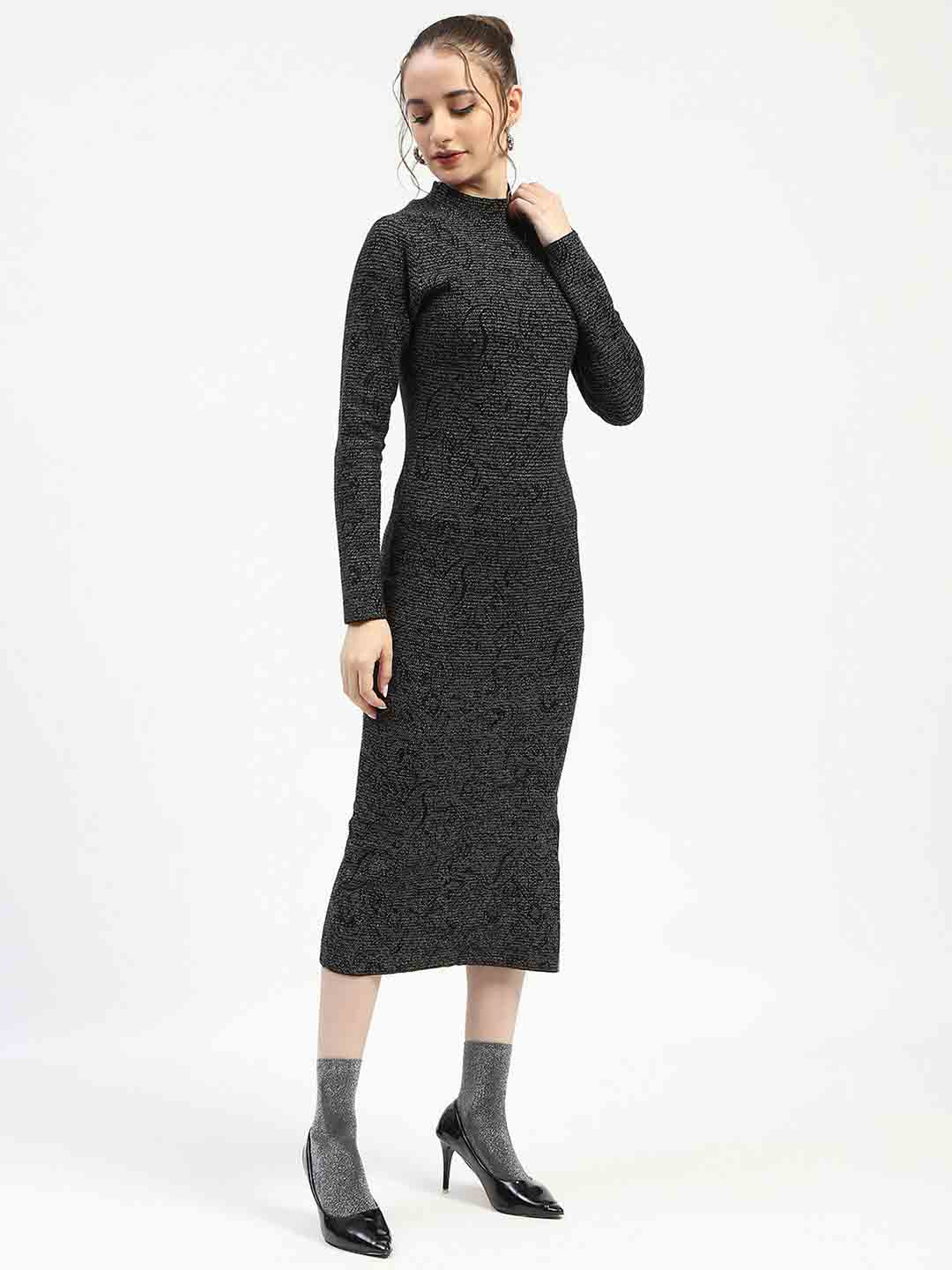 Madame Black Textured Bodycon Dress with Long Sleeves Sweater - Image 3