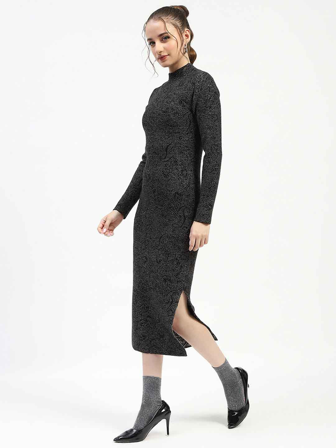 Madame Black Textured Bodycon Dress with Long Sleeves Sweater - Image 4