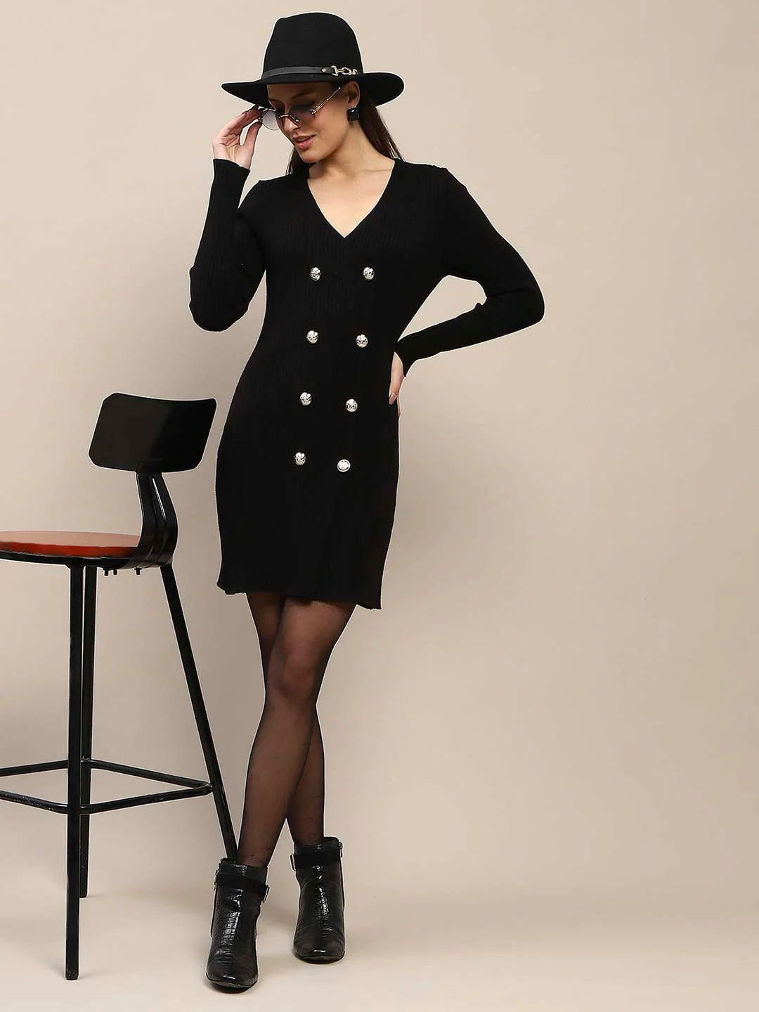 Madame Double Breasted V Neck Black Knitted Mini Dress - Image 2