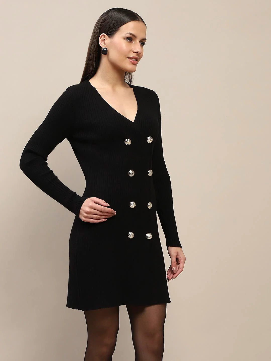 Madame Double Breasted V Neck Black Knitted Mini Dress - Image 4