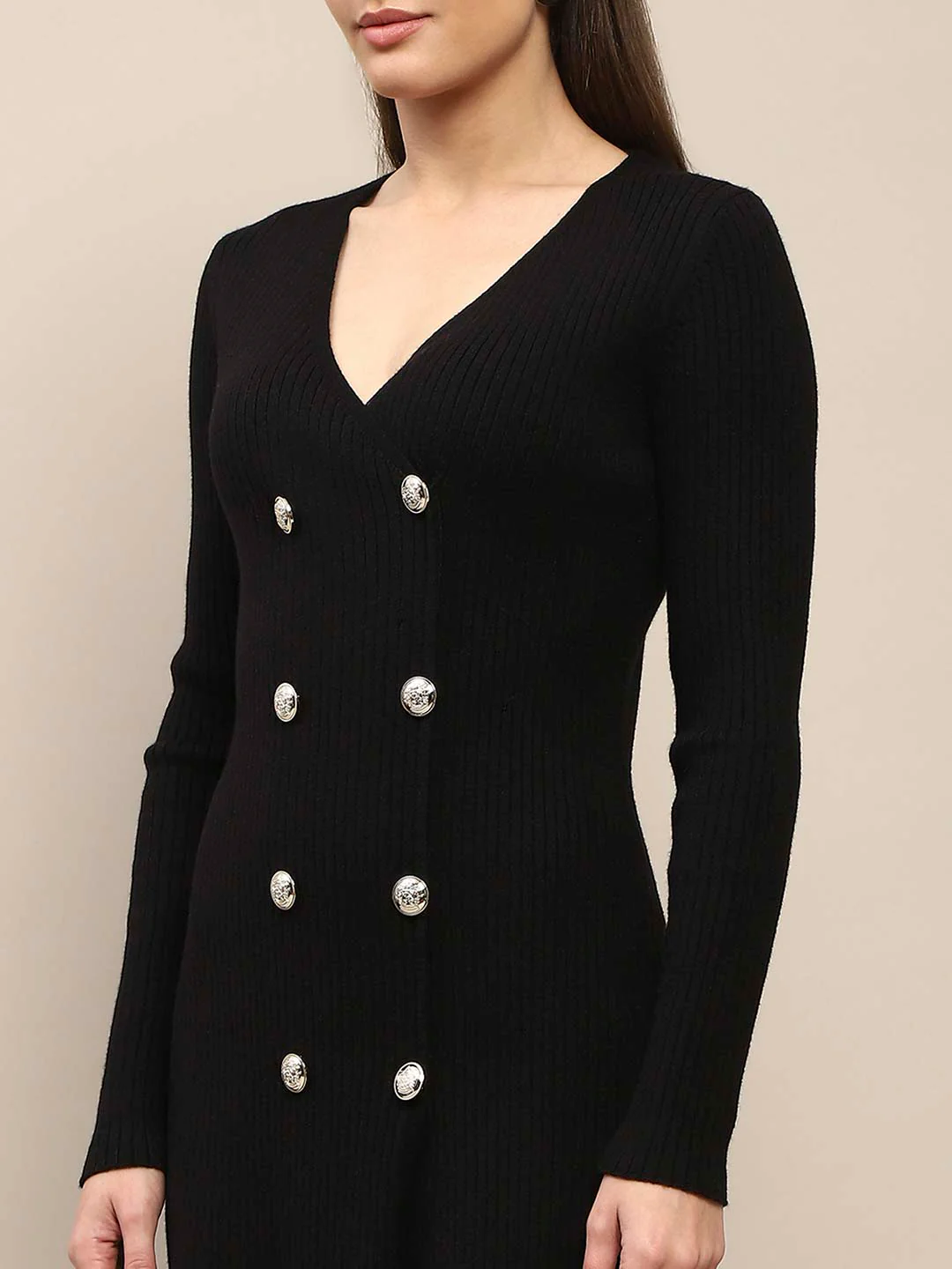 Madame Double Breasted V Neck Black Knitted Mini Dress - Image 7