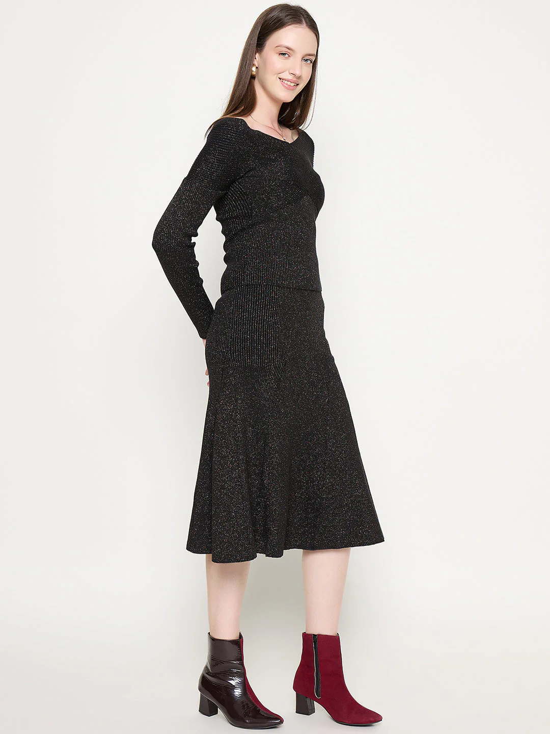 Madame Black Shimmer Detailed Off Shoulder Top and Skirt Ensemble - Image 4