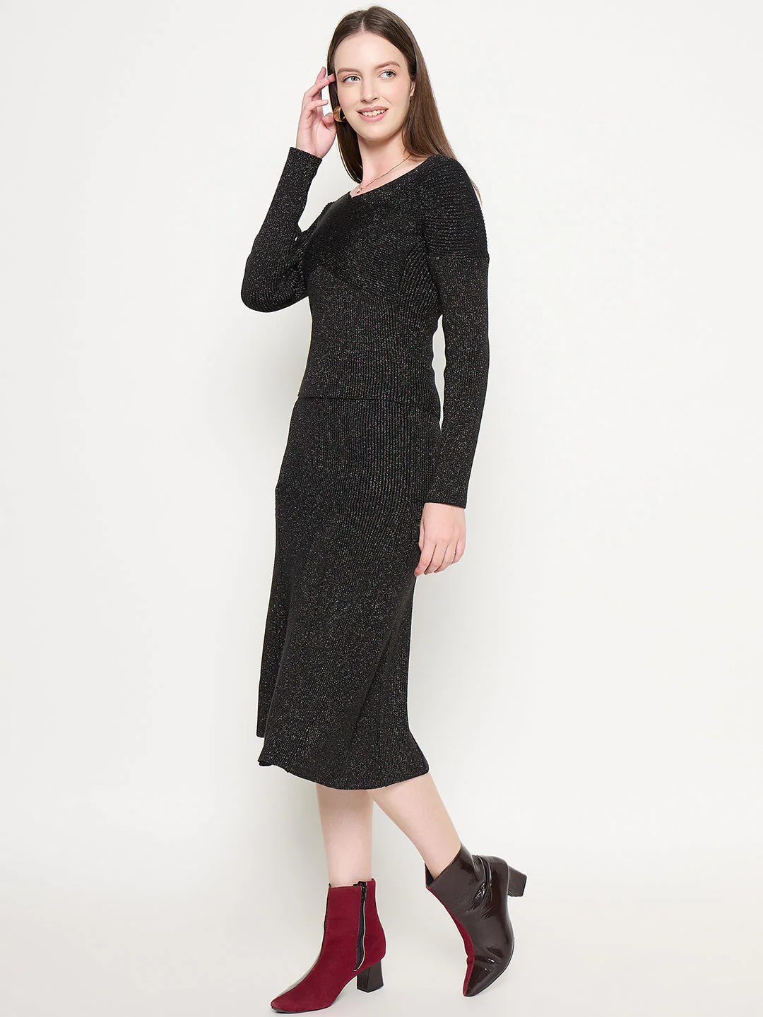 Madame Black Shimmer Detailed Off Shoulder Top and Skirt Ensemble - Image 5