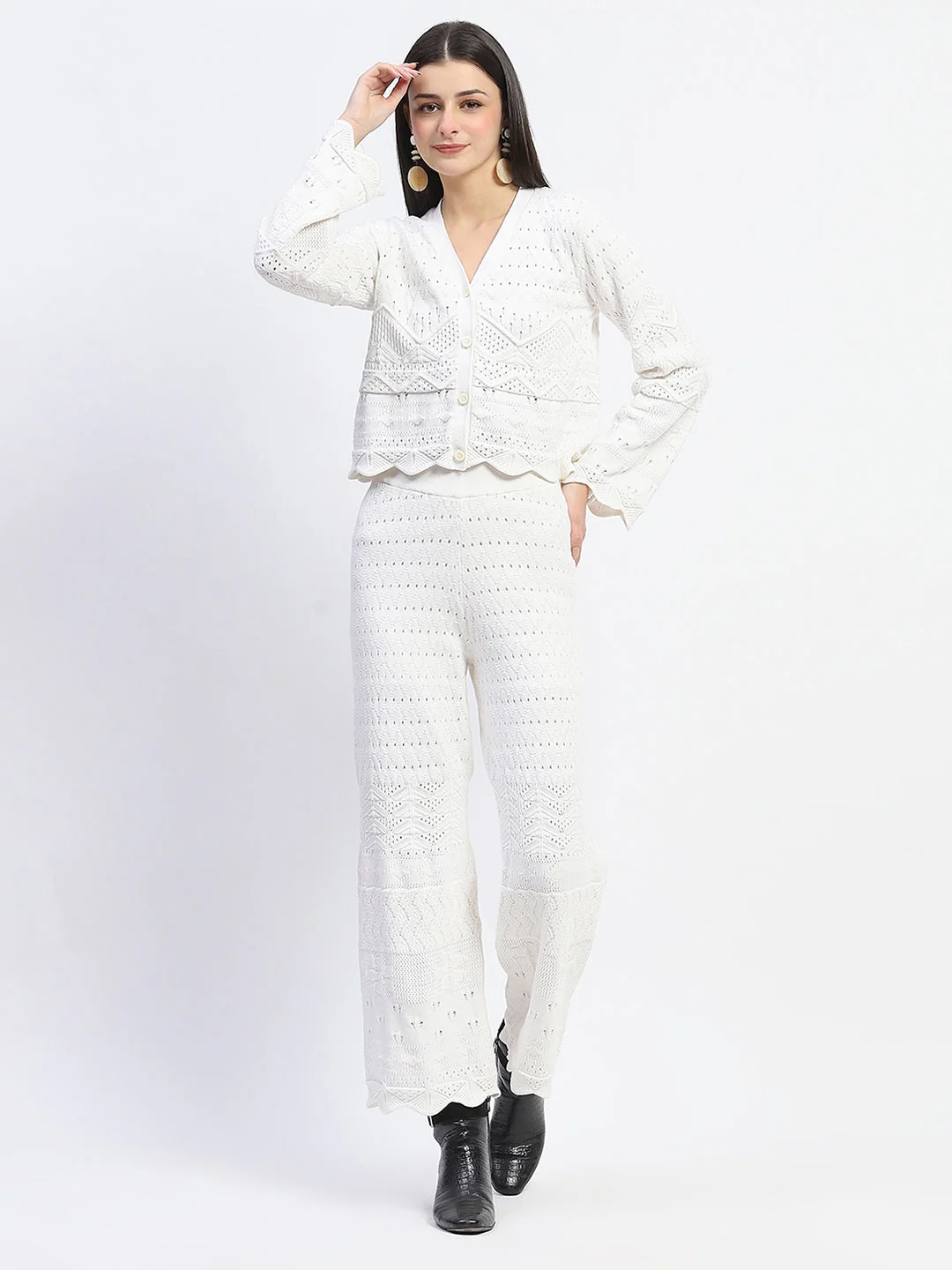 Madame Cotton Blend Lace Detailed Top and Bottom Off White Co-ord Set - Image 3