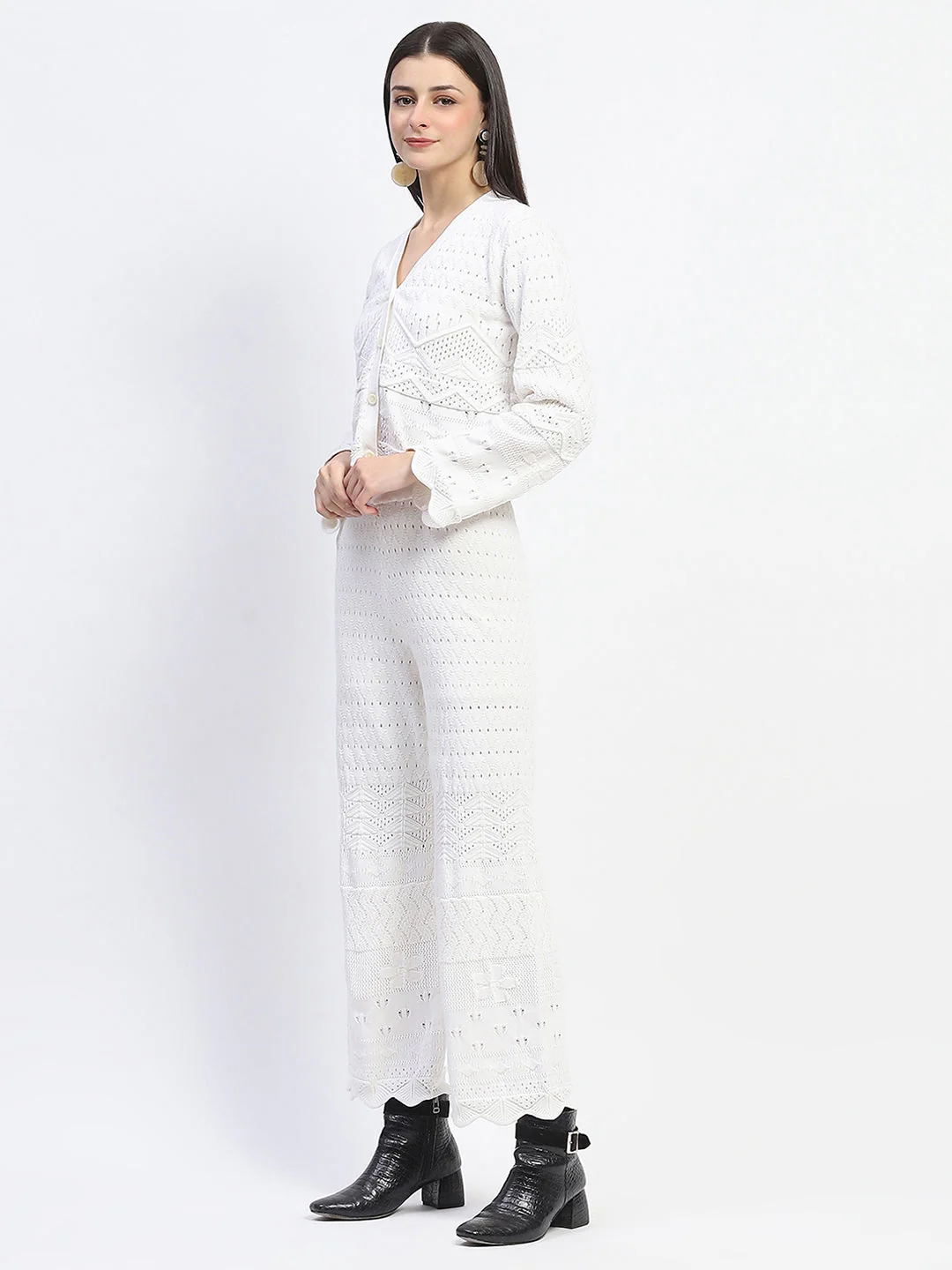 Madame Cotton Blend Lace Detailed Top and Bottom Off White Co-ord Set - Image 5
